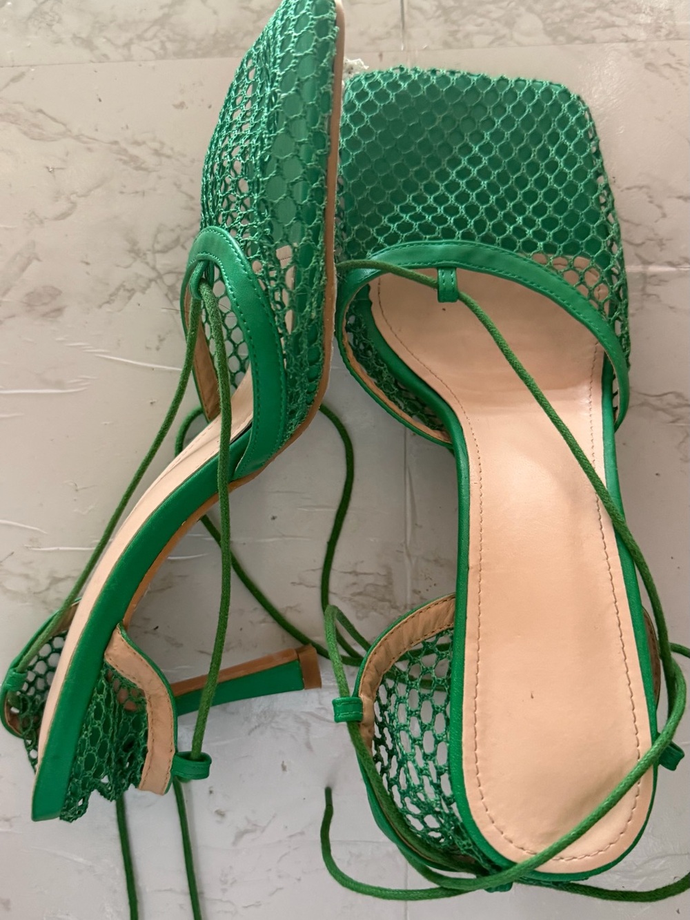 Green Mesh Lace-Up Heels for Women